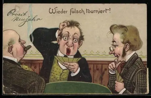 AK Wieder flasch tourniert!, Kartenspieler rauft sich die Haare