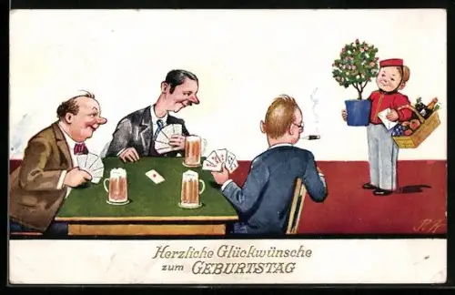 AK Drei Herren beim Kartenspiel, Page bringt Obstkorb mit Weinflasche