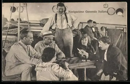 AK Schiffspassagiere beim Kartenspiel auf einem italienischen Passagierschiff