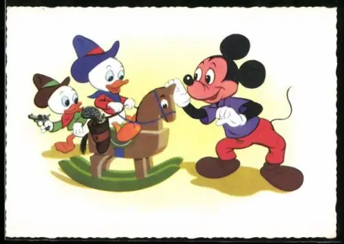AK Micky Maus und zwei Neffen von Donald Duck als Cowboys auf einem Schaukelpferd, Comic
