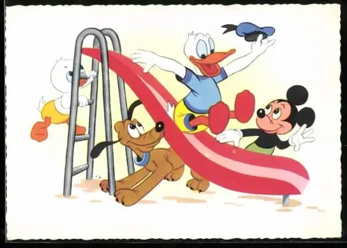 AK Donald Duck, Micky Maus und Pluto beim Rutschen, Comic