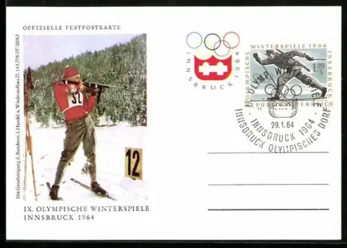 AK Innsbruck, Festspostkarte zu dem IX. Olympischen Winterspielen 1964, Biathlet beim Schiessen