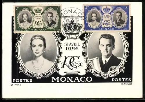 AK Grace Kelly und Ehemann von Monaco, Briefmarkenabbildung
