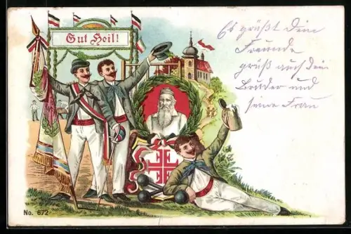 Lithographie Feiernde Turner mit Portrait von Friedrich Ludwig Jahn, Gut Heil!