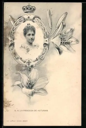 AK La Princesa de Asturias, Prinzessin von Spanien in Bildnis mit Krone und Lilien
