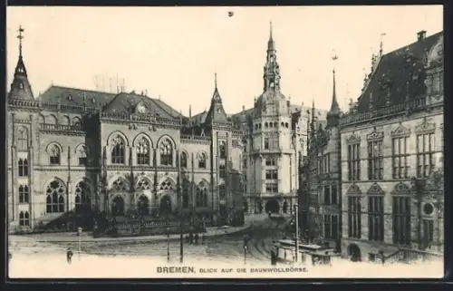 AK Bremen, Blick auf die Baumwollbörse, Strassenbahn