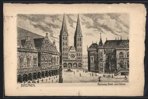 Künstler-AK Bremen, Rathaus, Dom und Börse