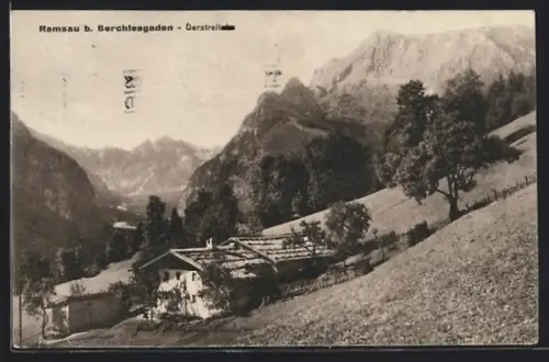 AK Ramsau b. Berchtesgaden, Gerstreit, Gebirgslandschaft mit Bauernhaus