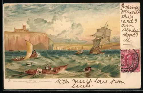 Lithographie Whitby, The Cliffs, Ships