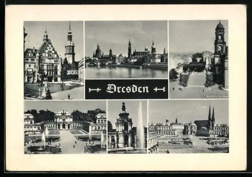 AK Dresden, Zwinger, Brühlsche Terrasse, Rathaus, Hofkirche, Altstadtpanorama