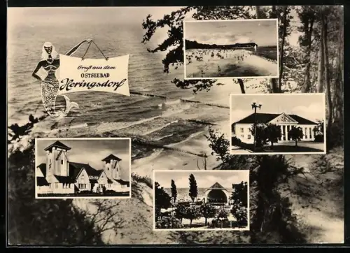 AK Heringsdorf, Strand, Seebrücke, Kurhaus
