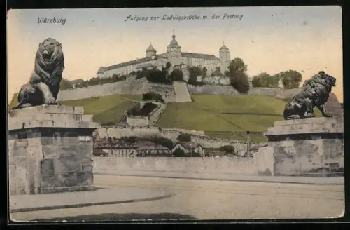 AK Würzburg, Aufgang zur Ludwigsbrücke mit Festung