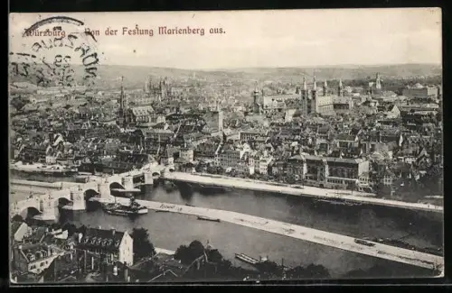 AK Würzburg, Blick von der Festung Marienberg auf Stadt und Alte Mainbrücke