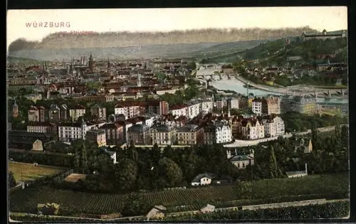 AK Würzburg, Ortspanorama mit Main und Brücken, vom Steinberg aus gesehen