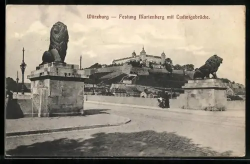 AK Würzburg, Festung Marienberg, Ludwigsbrücke, Löwenstatuen