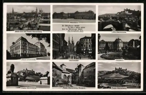 AK Würzburg, Residenz, Alte Mainbrücke, Feste Marienberg, Domstrasse, Neues Universitätsgebäude