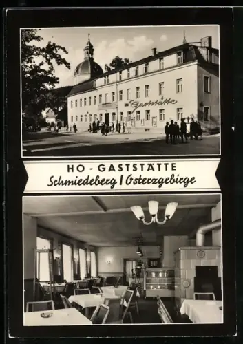 AK Schmiedeberg i. Osterzgebirge, HO-Gaststätte Aussenansicht, Gastraum