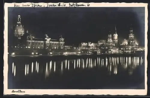 AK Dresden, Nächtliche Uferansicht