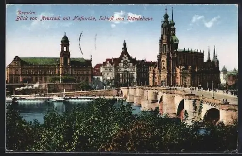 AK Dresden, Blick von Neustadt mit Hofkirche, Schloss und Ständehaus