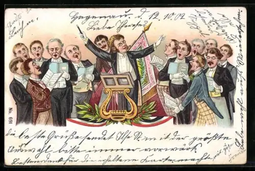 Lithographie Dirigent dirigiert einen Männerchor