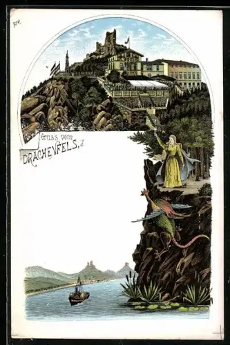 Lithographie Drachenfels, Panoramaansicht