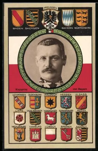 AK Portrait von Kronprinz Rupprecht von Bayern umgeben von Wappen