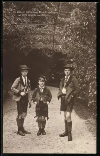 AK Prinzen Luitpold & Albrecht von Bayern mit Prinz Leopold von Belgien in Lederhosen