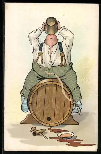 AK Mann sitzt auf einem Fass und trinkt