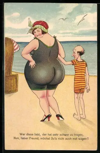AK Kleiner Mann neben einer grossen Dame am Strand