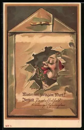 AK Mann mit roten Lippen küsst einen Pantoffel