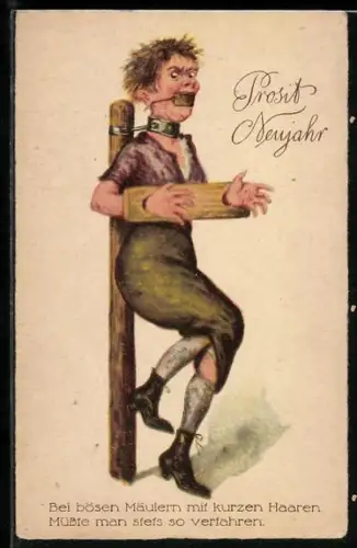 AK An einen Pfahl gefesselte Frau mit Maulkorb