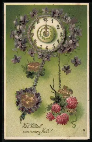 AK Blumenbild einer Uhr mit Mond und Veilchen