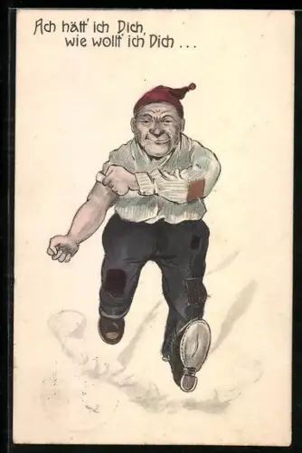 AK Mann mit geflickter Hose krempelt sich die Ärmel im Lauf hoch