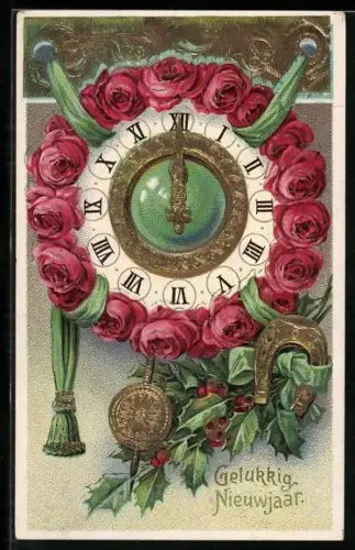 AK Rosenbehangene Uhr mit goldenem Hufweisen und Stechpalmenzweig