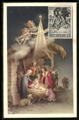 Maximum-AK Krippenszene mit der Heiligen Jungfrau, dem Jesuskind und Engeln