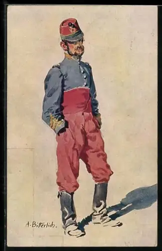 Künstler-AK Afrikanischer Jäger zu Pferd, Wachtmeister, Kriegsgefangener