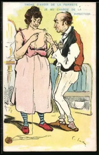 Künstler-AK Altes Paar repariert den zerissenen Träger der Frau