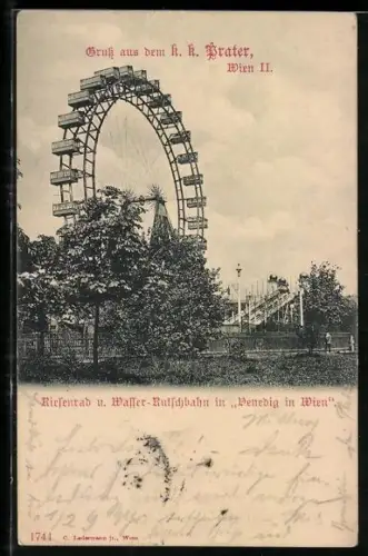 AK Wien, Wiener Prater, Riesenrad u. Wasser-Rutschbahn in Venedig in Wien