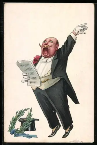 AK Sänger beim ausdrucksstarken Gesang, Zylinder und Lorbeerkranz