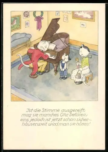 AK Katzenkind beim Singen, Katzenvater spielt Klavier, vermenschlichte Tiere