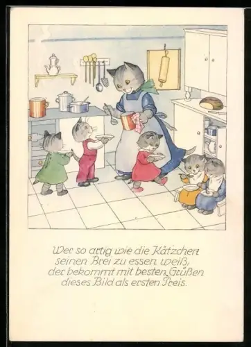 Künstler-AK vermenschlichte Tiere, Katzen in der Küche
