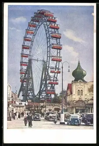 AK Wien, Wiener Prater, Blick auf das Riesenrad, Hochschaubahn