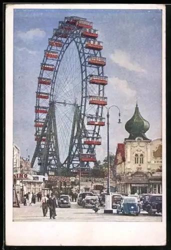 AK Wien, Wiener Prater, Ansicht vom Riesenrad, im Vordergrund parkende Autos