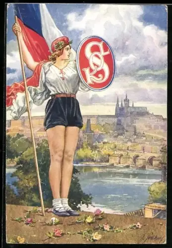 Künstler-AK Praha, Sportlerin beim Turnfest Sokol mit tschechoslowakischer Fahne