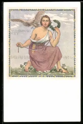 AK Praha, Allegorie auf das Turnfest Sokol 1926, Junge Frau mit Siegerkranz