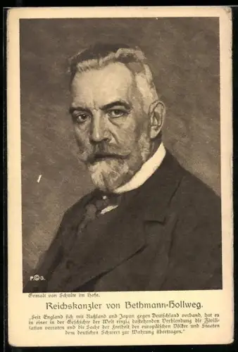 Künstler-AK Reichskanzler von Bethmann Hollweg im Anzug mit Blick auf den Betrachter