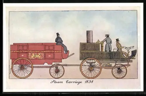 Künstler-AK englische Eisenbahn Steam Carriage 1834 mit Waggon