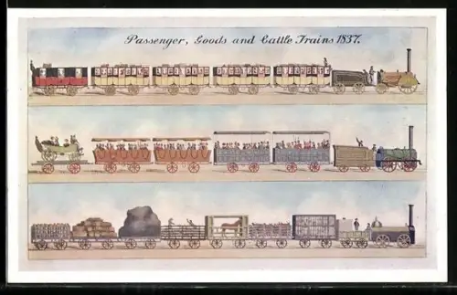 AK Passenger, Goods and Cattle Trains 1837, englische Eisenbahn