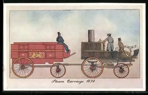 Künstler-AK englische Eisenbahn Steam Carriage 1834 mit Waggon