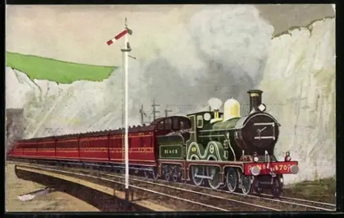 AK Dover, Train 9. S. E. C. R., 4-4-0 No. 470 passing Shakespeare Cliff, englische Eisenbahn